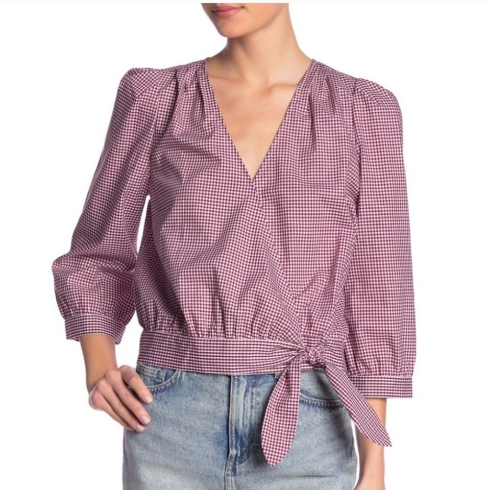 Madewell 100% Cotton Burgundy Gingham Check 3/4 Sleeve Wrap Top Blouse